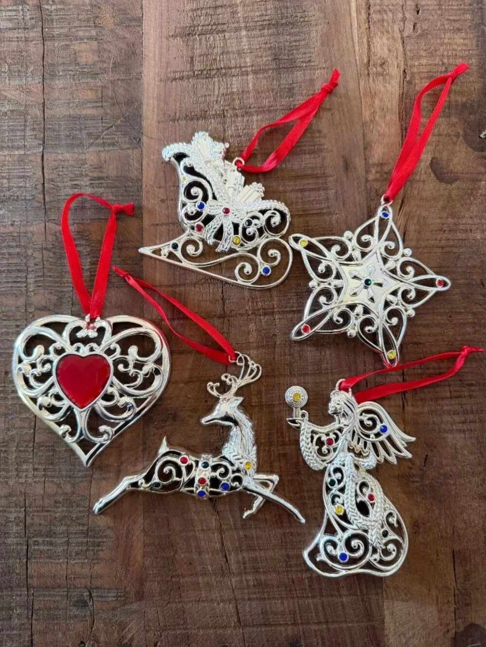 Lenox Sparkle & Scroll Multi-Crystal Ornament Collection Set Of 5 Silver Plated